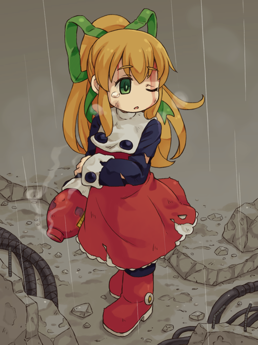 1girl, android, arm_cannon, beat_(rockman), blonde_hair, boots, buttons, dirty_face, dress, frills, green_eyes, hair_ribbon, long_hair, long_sleeves, mizuno_mumomo, one_eye_closed, payot, ponytail, puffy_long_sleeves, puffy_sleeves, rain, red_dress, ribbon, rockman, rockman_(classic), roll, solo, tears, torn_clothes, weapon