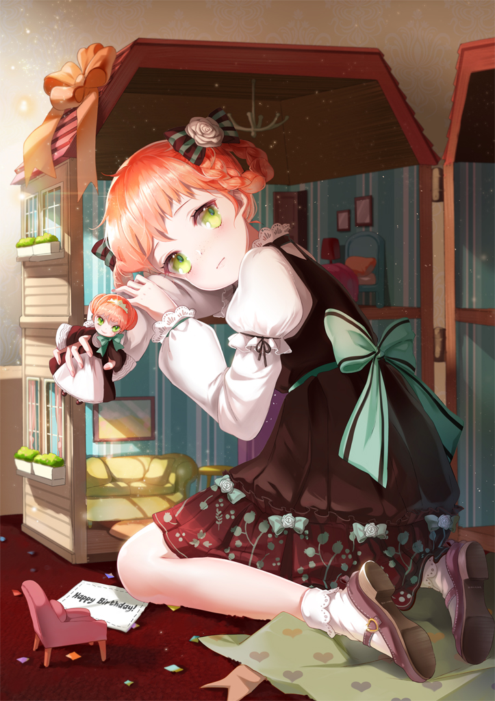 1girl, arm_support, doll, doll_house, dress, furururu, green_eyes, hair_ribbon