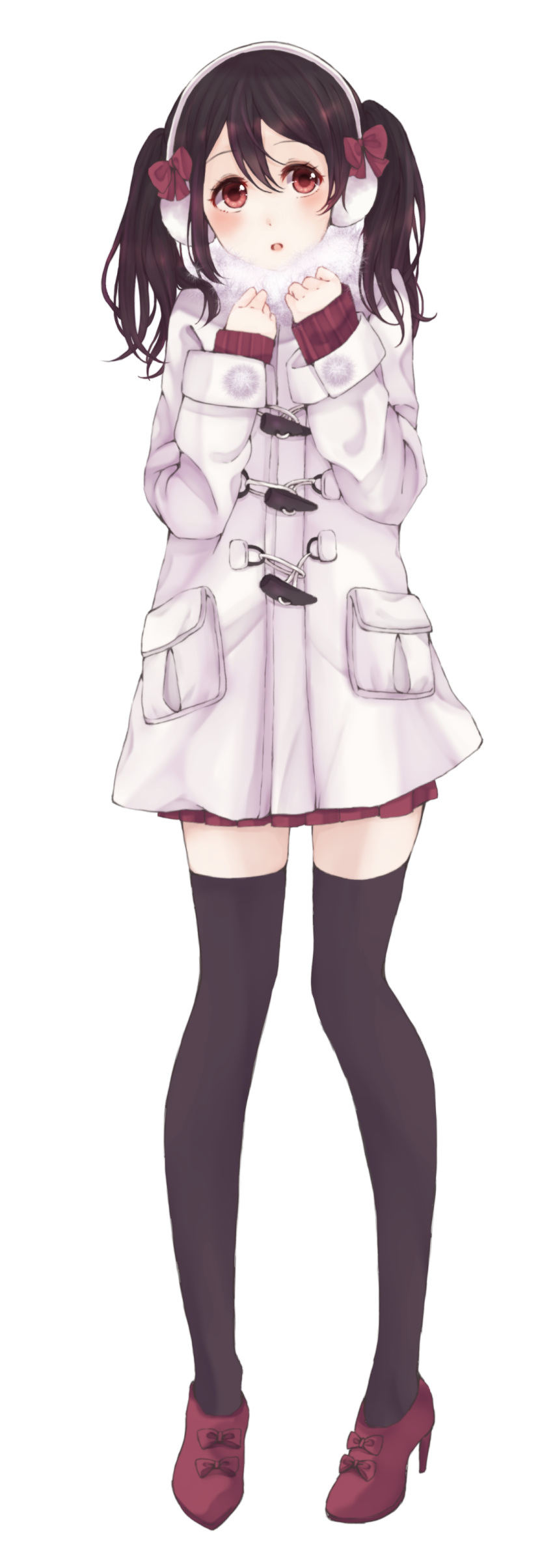 1girl, :o, absurdres, black_legwear, blush, earmuffs, full_body, fur_trim, high_heels, highres, kura_(harapeco1029), love_live!_school_idol_project, pigeon-toed, red_eyes, short_hair, simple_background, skirt, solo, standing, thigh-highs, twintails, white_background, winter_clothes, yazawa_nico, zettai_ryouiki
