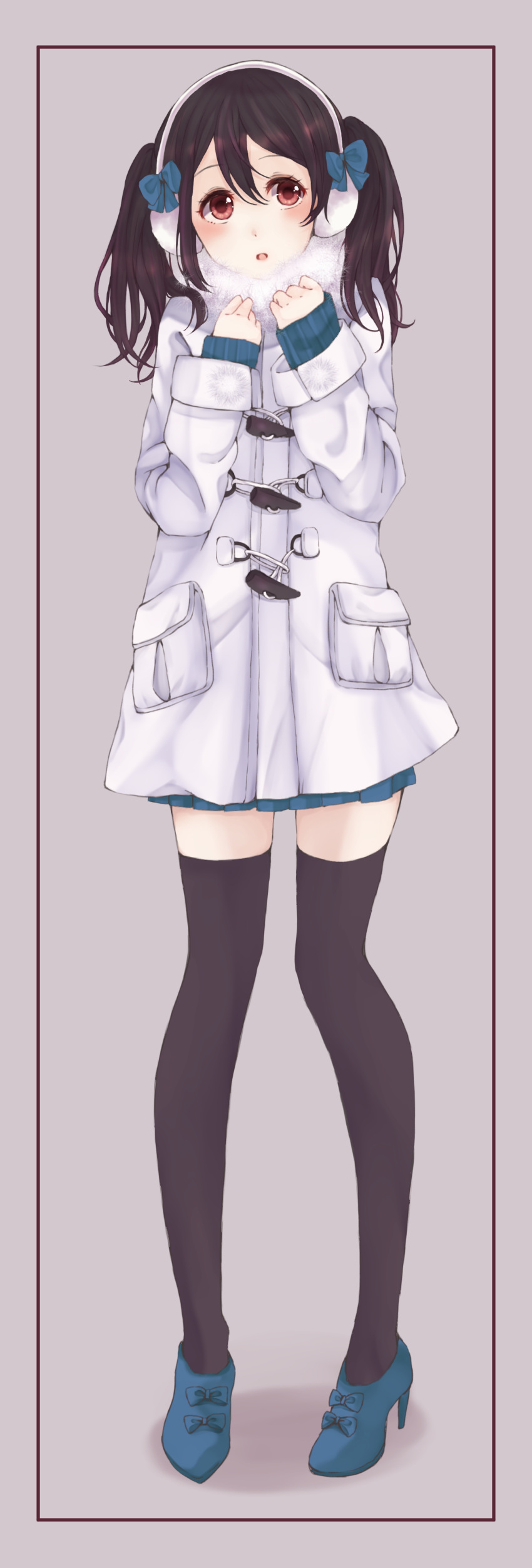 1girl, :o, absurdres, black_legwear, blush, earmuffs, full_body, fur_trim