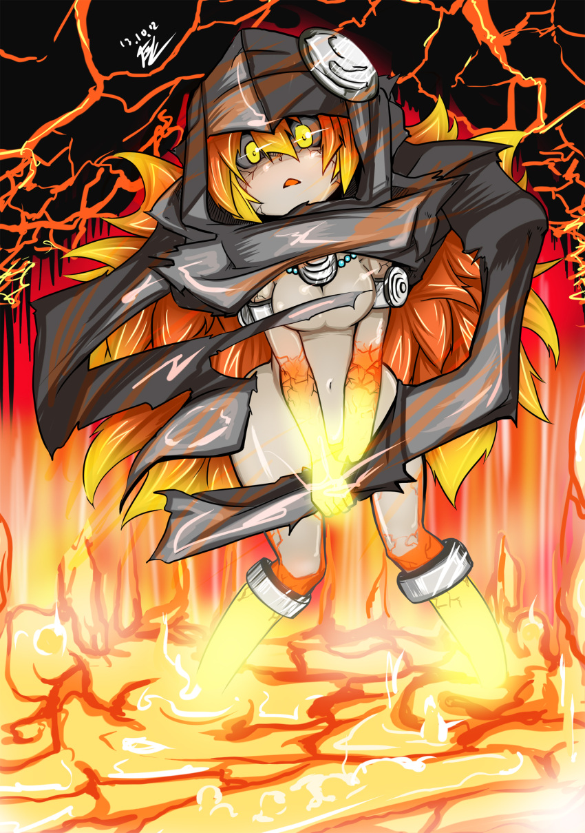 black_sclera, blonde_hair, d:, dark_skin, duel_monster, fire, highres, hood, laval_forest_sprite, molten_rock, monster_girl, multicolored_hair, open_mouth, orange_hair, spirit-edge, torn_clothes, yellow_eyes, yuu-gi-ou