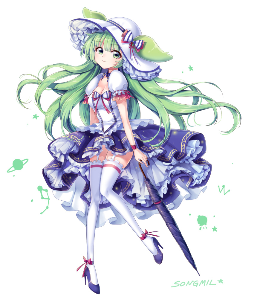 1girl, animal_ears, artist_name, breasts, cleavage, garter_straps, green_eyes, green_hair