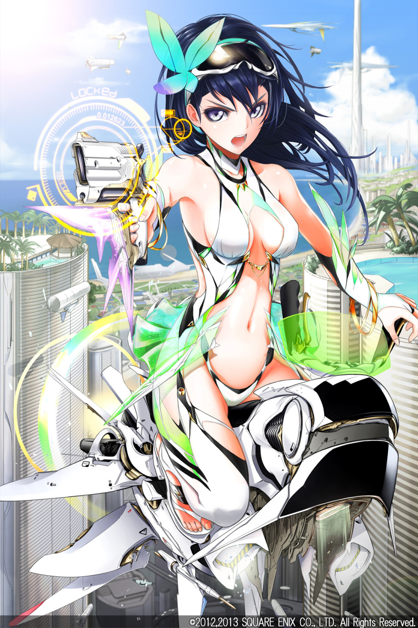 1girl, bare_shoulders, beach, blue_eyes, blue_hair, bracelet, building, character_request, company_name, elbow_gloves, fingerless_gloves, future, giba_(out-low), gloves, goggles, gun, hair_ornament, highres, jewelry, long_hair, looking_at_viewer, midriff, navel, official_art, open_mouth, palm_tree, science_fiction, square_enix, star_galaxy, tree, tsurime, vehicle, weapon