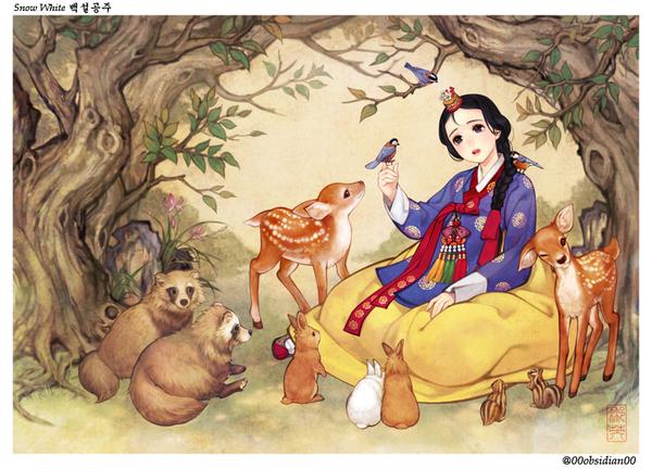 1girl, bird, bird_on_hand, black_hair, braid, deer, disney, fawn, forest, hair_ornament, head_tilt, kneeling, korean_clothes, long_hair, long_skirt, nature, nayoung_wooh, rabbit, raccoon, single_braid, skirt, snow_white, snow_white_(disney), snow_white_and_the_seven_dwarfs, snow_white_and_the_seven_dwarfs_(disney), solo_focus, source_request, squirrel