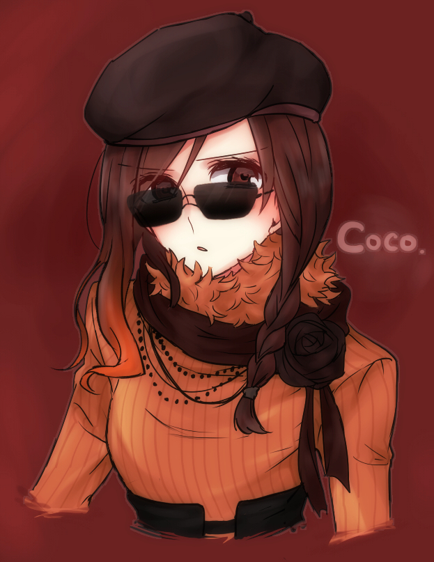 1girl, beret, braid, brown_eyes, brown_hair, character_name, coco_(rwby), flower