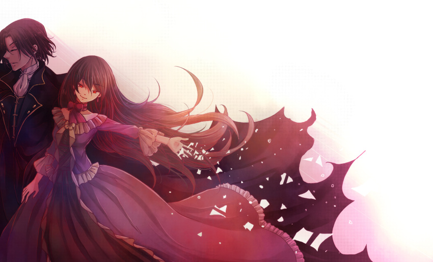1girl, bare_shoulders, bow, brother_and_sister, brown_hair, choker, closed_eyes, dress