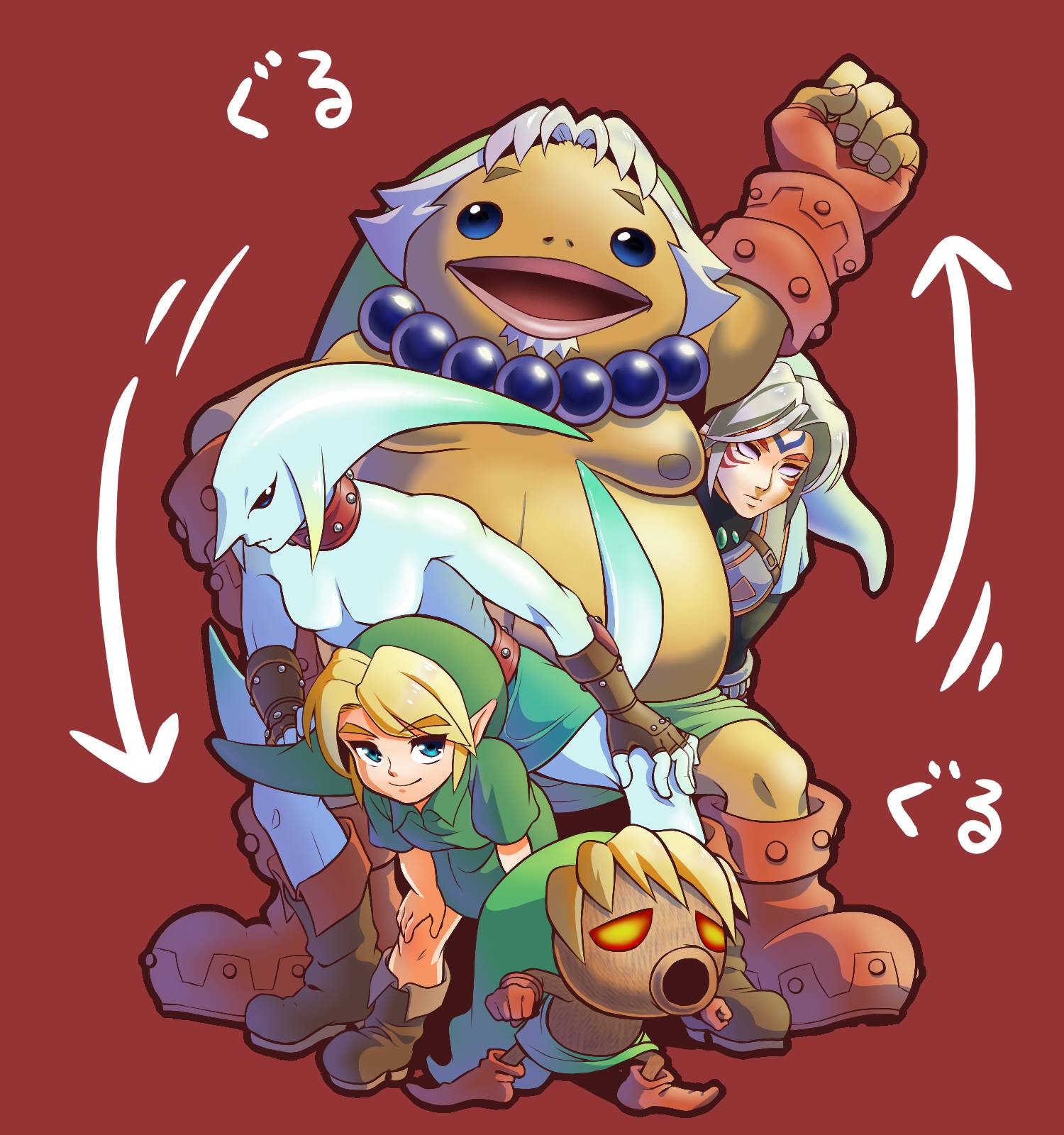 alternate_form, arm_up, blonde_hair, blue_eyes, choo_choo_train, fierce_deity, fingerless_gloves, gloves, goron, hat, highres, link, majora's_mask, multiple_persona, myaako, pointy_ears, smile, the_legend_of_zelda, zora