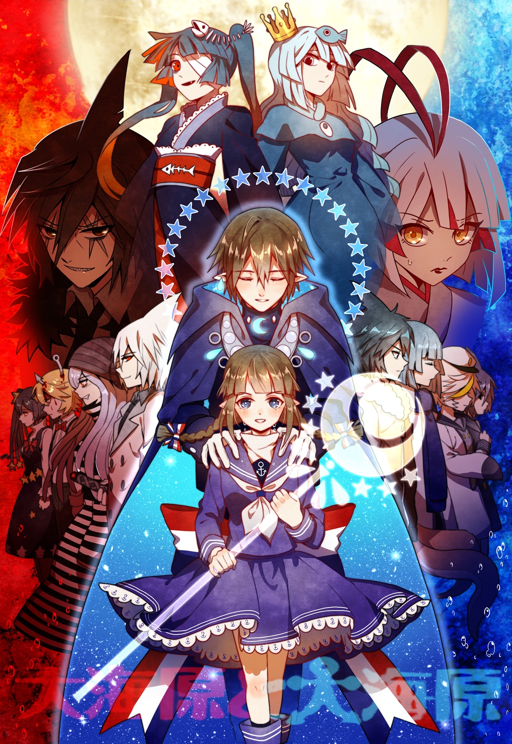 6+boys, 6+girls, androgynous, bandage_over_one_eye, bangs, beanie, black_eyes, black_hair