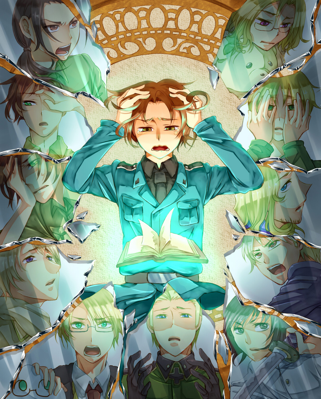 6+boys, ahoge, albino, america_(hetalia), axis_powers_hetalia, bangs, beard, belt, black_hair, blonde_hair, blue_eyes, book, brown_eyes, brown_hair, canada_(hetalia), china_(hetalia), crying, empty_eyes, facial_hair, food, france_(hetalia), germany_(hetalia), glasses, green_eyes, hand_on_head, hands_on_own_face, hetaoni, highres, holding, japan_(hetalia), katana, kumajirou_(hetalia), male, military, military_uniform, mirror, mochi, mochimerica_(hetalia), multiple_boys, necktie, northern_italy_(hetalia), open_mouth, orange_eyes, payot, pokupoku, prussia_(hetalia), red_eyes, russia_(hetalia), serious, short_hair, short_ponytail, shouting, silver_hair, southern_italy_(hetalia), spain_(hetalia), spoilers, sweat, sword, tears, torn, uniform, united_kingdom_(hetalia), violet_eyes, wagashi, weapon