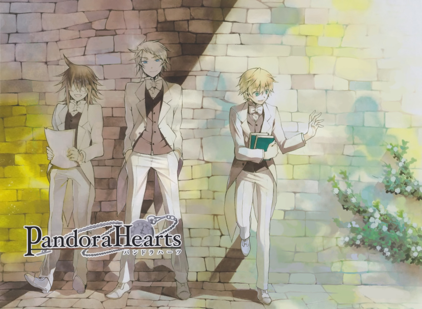 3boys, absurdres, blonde_hair, blue_eyes, book, bowtie, brown_hair, copyright_name