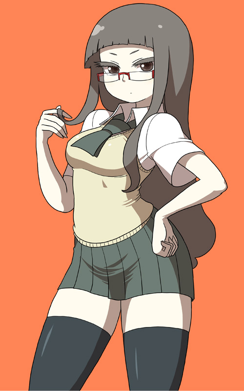 1girl, black_legwear, breasts, electro_emilia, glasses, hand_on_hip, ken_(koala), long_hair