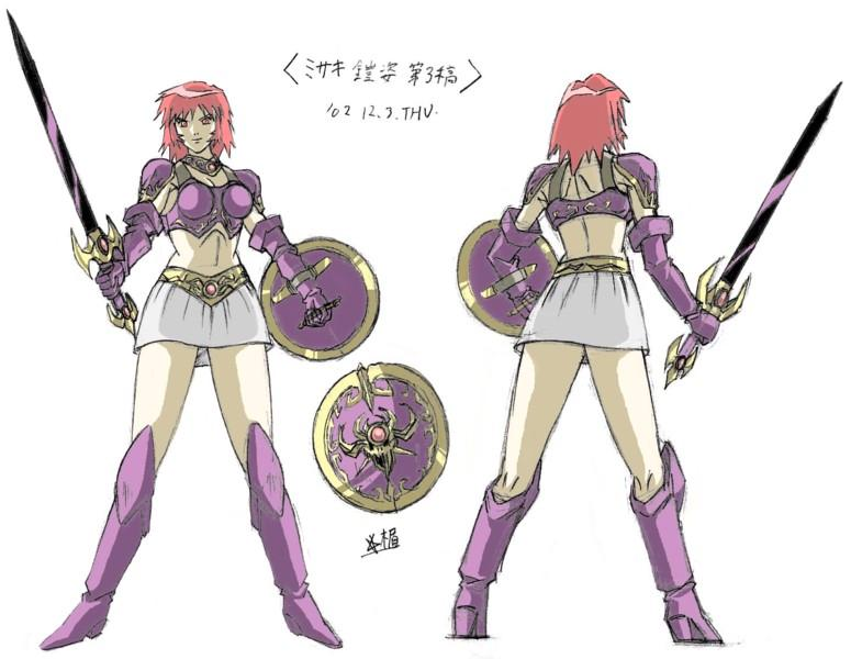 armor, bikini_armor, concept_art, looking_at_viewer, mugen_senshi_valis, red_eyes, redhead, reiko_kirishima, scarf, shield, short_hair, shoulder_pads, smile, sword, valis, weapon