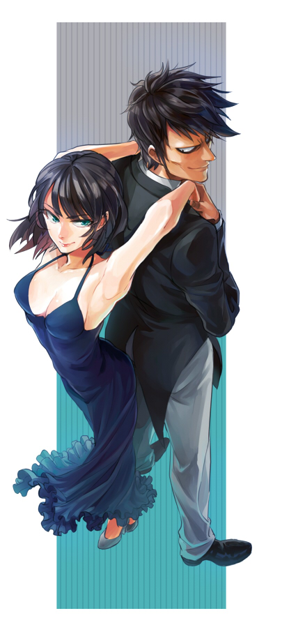 armpits, bare_shoulders, black_eyes, black_hair, dress, formal, fubuki_(onepunch_man), green_eyes, matatabi_nia, onepunch_man, snake_(onepunch_man), suit