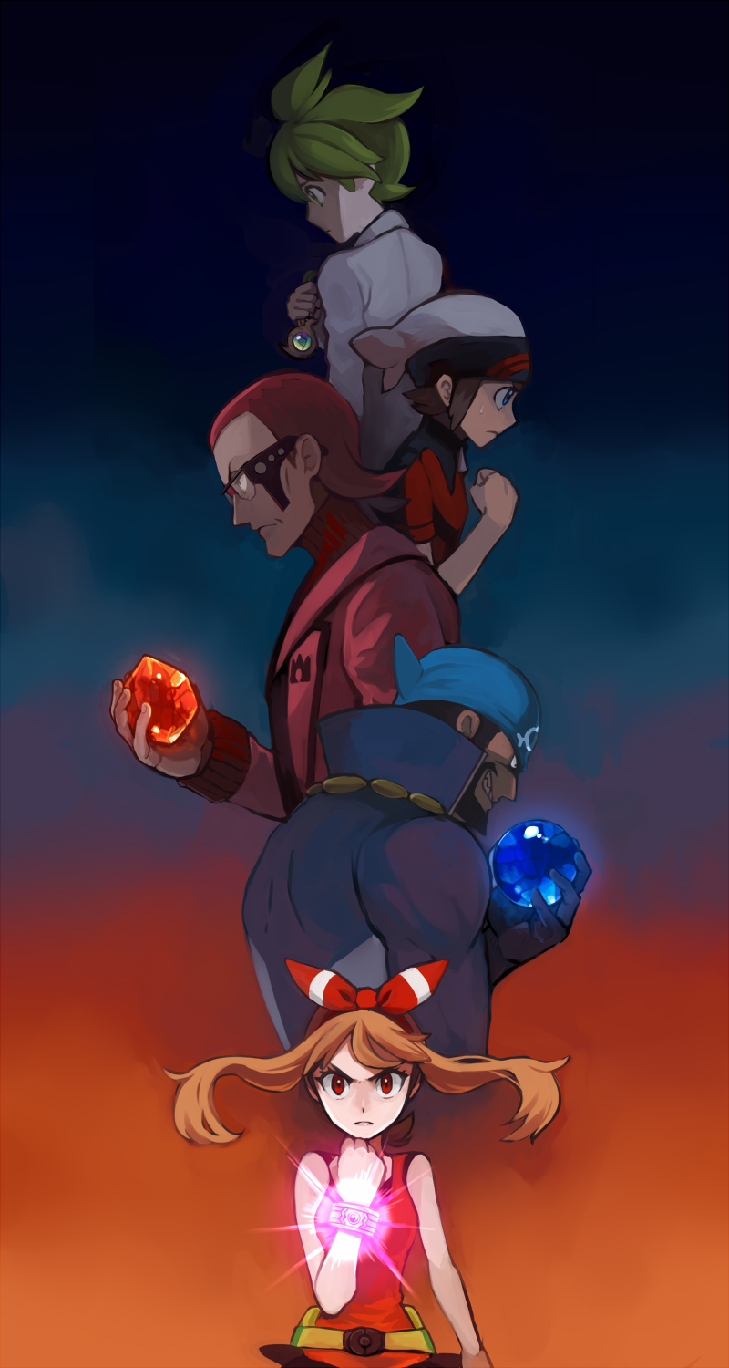 aogiri_(pokemon)_(remake), bandana, bare_shoulders, beard, black_hair, bracelet, brown_hair, dark_skin, facial_hair, glasses, glowing, green_hair, haruka_(pokemon)_(remake), hate, highres, jewelry, matatabi_nia, matsubusa_(pokemon)_(remake), mitsuru_(pokemon), pokemon, pokemon_(game), pokemon_oras, red_eyes, redhead, yuuki_(pokemon)_(remake)