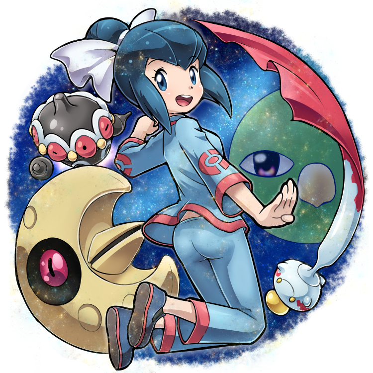 ass, blue_eyes, blue_hair, bow, chimecho, claydol, gym_leader, hair_bow