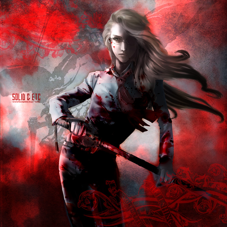 androgynous, blonde_hair, blood, glasses, hellsing, integra_hellsing, long_hair, reverse_trap