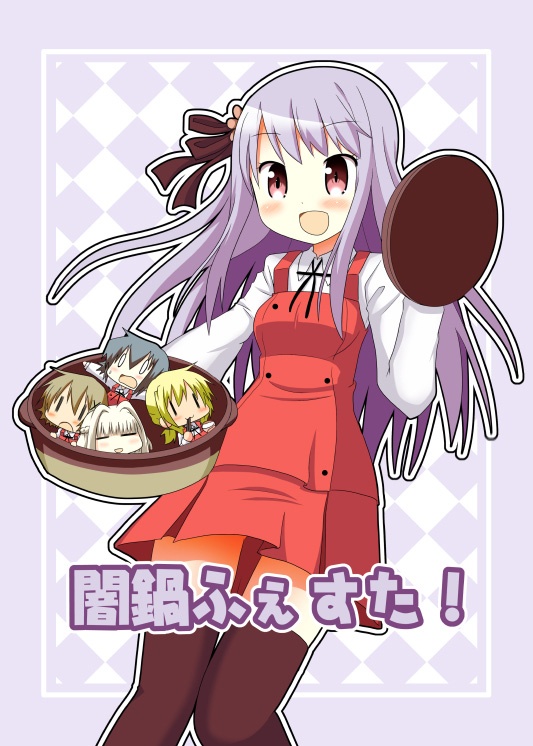 5girls, :d, blonde_hair, bow, brown_hair, chibi, comic, grey_hair