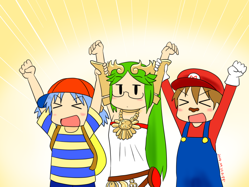 >_<, 3girls, aioi_yuuko, arms_up, blue_hair, blush, brown_hair, fake_mustache