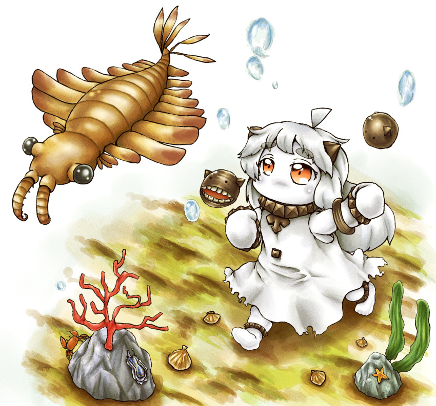 1girl, ahoge, anomalocaris, chasing, dress, highres, horns, kantai_collection