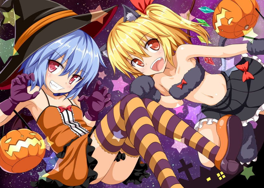 2girls, :d, animal_ears, bare_shoulders, blush, cat_ears, flandre_scarlet, gin'you_haru
