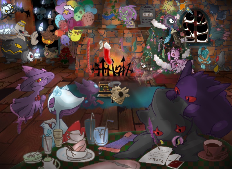 balloon, banette, chandelure, chikorita, chimney, christmas, christmas_ornaments, christmas_stocking, christmas_tree, clefable, digital_clock, drifloon, drinking_glass, drinking_straw, dusknoir, duskull, frillish, froslass, gastly, gengar, ghost, giratina, golett, gourgeist, indoors, jellicent, litwick, misdreavus, mismagius, nn, no_humans, phantump, pikachu, pokemon, pokemon_(creature), pumpkaboo, red_eyes, rotom, sableye, shedinja, shuppet, spiritomb, swalot, table, trevenant, wobbuffet, writing, yamask