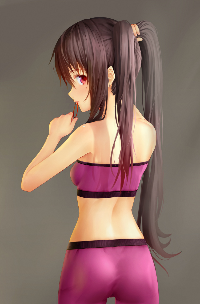 1girl, adjusting_hair, aki99, ass, bare_shoulders, brown_hair, cowboy_shot, from_behind