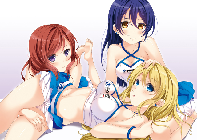 3girls, asakura_ryou_(artist), ayase_eli, bare_shoulders, blue_eyes, blue_hair, blush, breasts, earrings, hair_down, hand_on_another's_head, jewelry, long_hair, looking_at_viewer, love_live!_school_idol_project, lying, midriff, multiple_girls, navel, nishikino_maki, on_back, racequeen, redhead, short_hair, skirt, sonoda_umi