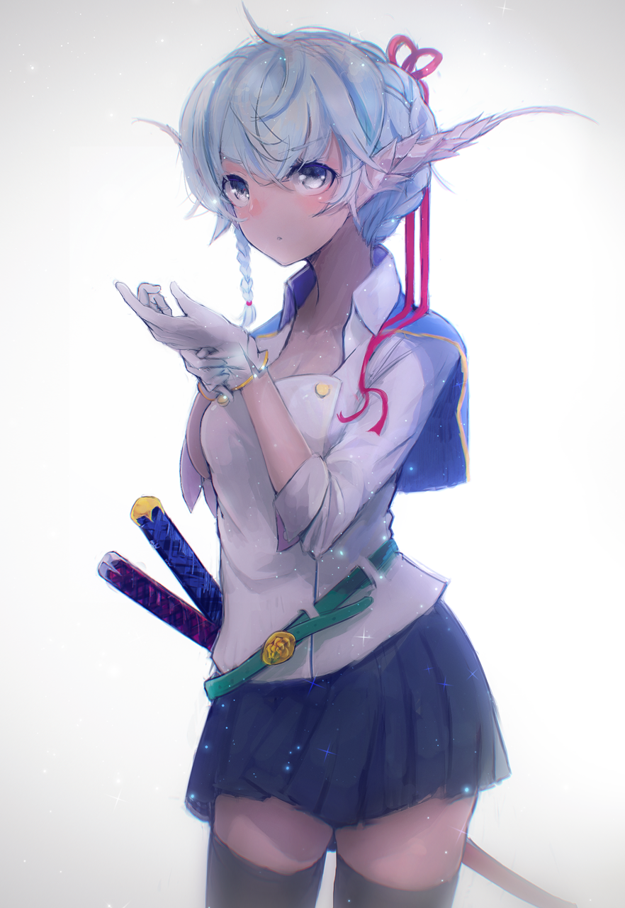 1girl, blue_eyes, blue_hair, blue_skirt, braid, breasts, cleavage, gloves