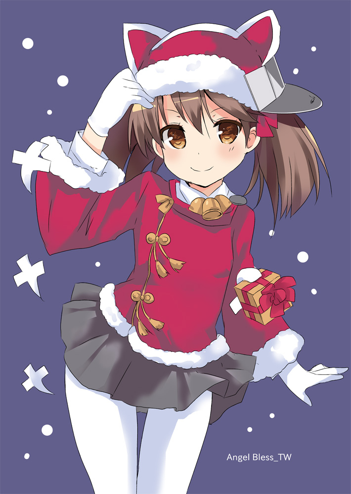 brown_eyes, brown_hair, gift, gloves, hat, kantai_collection, long_hair, pantyhose