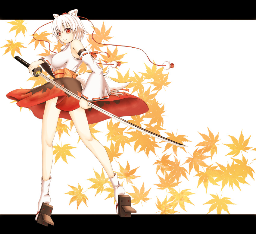 1girl, :<, animal_ears, autumn_leaves, bare_shoulders, breasts, detached_sleeves, fang, geta, hat, highres, inubashiri_momiji, jiennotu, katana, large_breasts, leaf, looking_at_viewer, red_eyes, ribbon, ribbon-trimmed_sleeves, ribbon_trim, short_hair, silver_hair, solo, sword, tail, tokin_hat, touhou, weapon, wolf_ears, wolf_tail