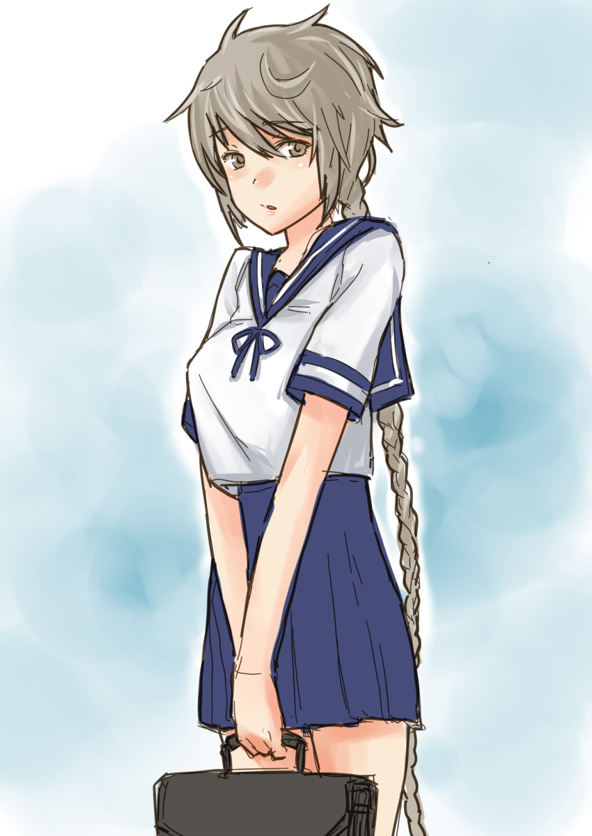 1girl, alpha_(katz332), alternate_costume, alternate_eye_color, blue_skirt, braid, grey_eyes, highres