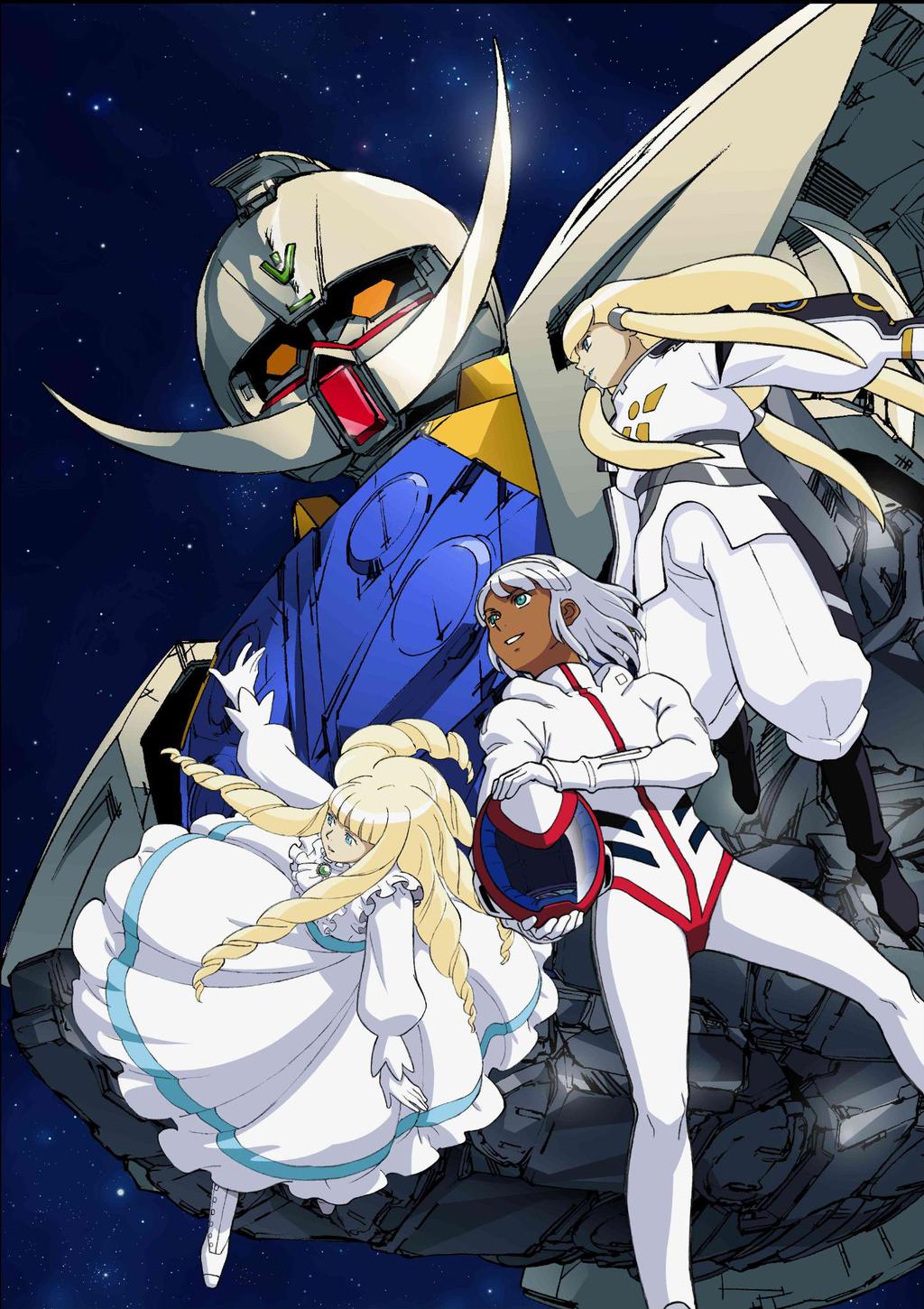 1boy, 2girls, blonde_hair, dianna_soreil, dress, drill_hair, gundam, highres