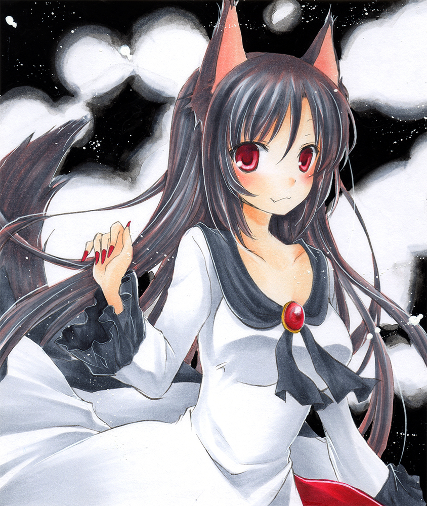 1girl, :3, animal_ears, blush, breasts, brooch, brown_hair, collarbone