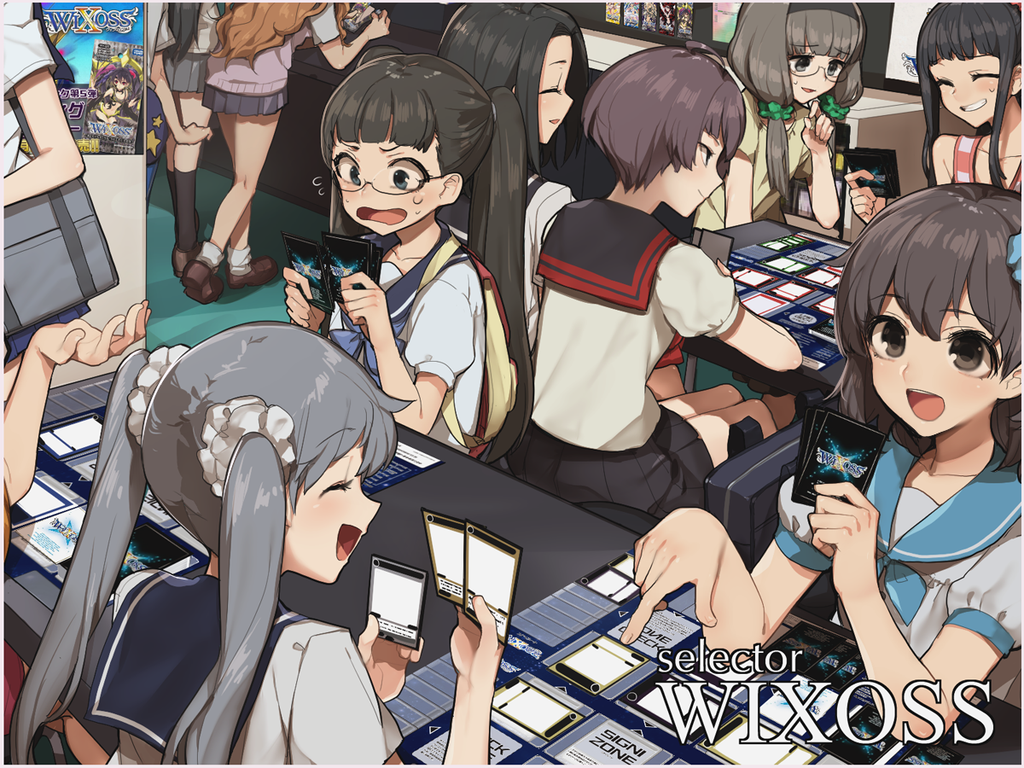 6+girls, :d, ^_^, ahoge, aoi_akira, bag, black_legwear, card, card_game, casual, chiyori_(wixoss), closed_eyes, copyright_name, flying_sweatdrops, glasses, grin, hairband, hitoto, kominato_ruuko, kurebayashi_yuzuki, loafers, midoriko_(wixoss), multiple_girls, open_mouth, playing_games, profile, school_bag, school_uniform, scrunchie, serafuku, shoes, short_hair, smile, socks, spoilers, striped, sweatdrop, tama_(wixoss), twintails, uemura_hitoe, unjou_hanayo, urazoe_iona, wavy_mouth, white_legwear, wixoss