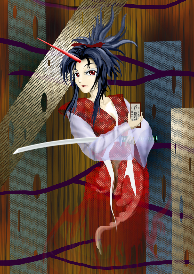 1girl, black_hair, hair_ribbon, horn, kams, konngara, lipstick, looking_at_viewer, makeup, no_legs, ofuda, oota_jun'ya_(style), red_eyes, ribbon, see-through, sword, touhou, touhou_(pc-98), weapon