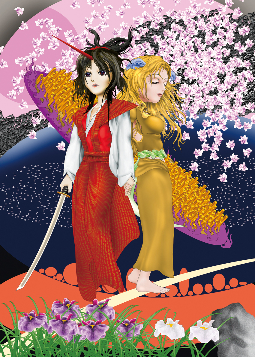 2girls, barefoot, black_hair, blonde_hair, closed_eyes, flower, hair_ornament, holding_hands, horn, japanese_clothes, kams, kikuri_(touhou), konngara, lipstick, makeup, multiple_girls, oota_jun'ya_(style), red_eyes, sword, touhou, touhou_(pc-98), weapon