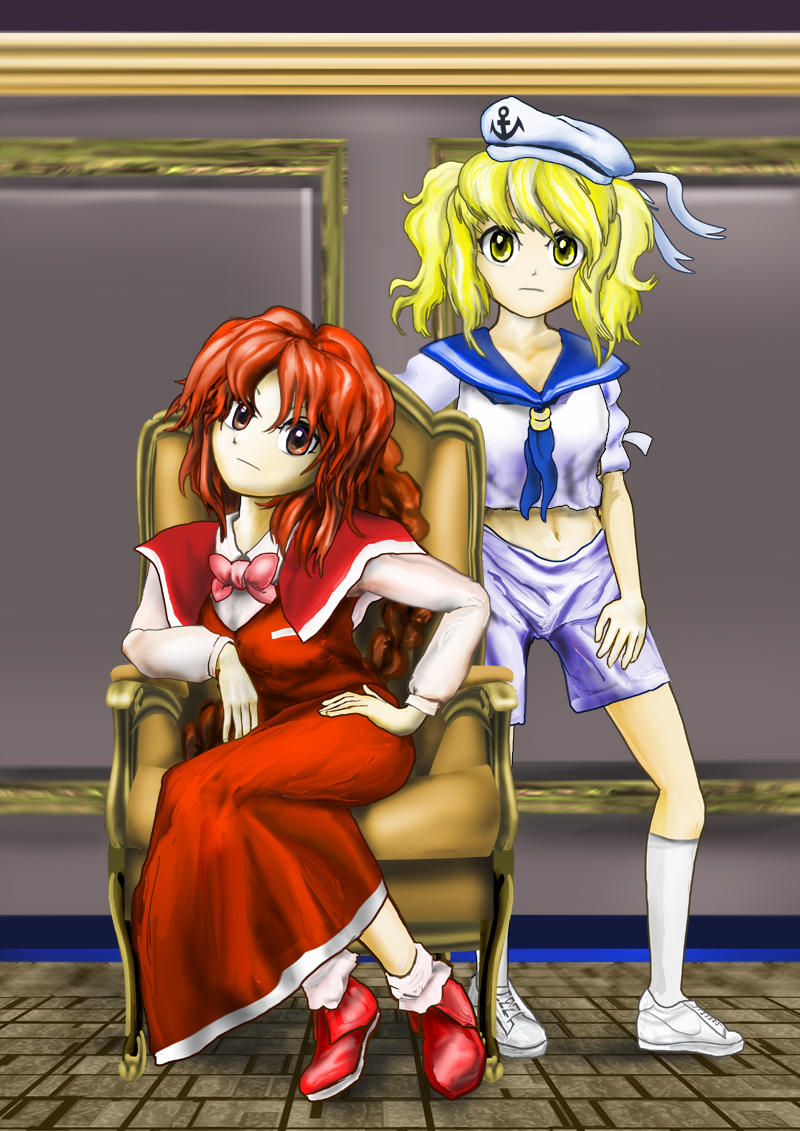 2girls, blonde_hair, bow, braid, capelet, chair, hand_on_hip, hat, kams, kitashirakawa_chiyuri, multiple_girls, okazaki_yumemi, oota_jun'ya_(style), red_eyes, redhead, sailor_dress, sailor_hat, shirt, sitting, touhou, touhou_(pc-98), vest, yellow_eyes