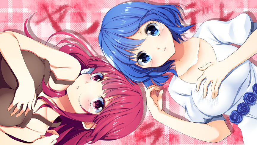 2girls, bangs, bare_shoulders, blue_eyes, blue_hair, blue_rose, blunt_bangs, blush, breasts, dress, flower, hand_on_own_chest, hinata_(yanderella), honoka_(yanderella), long_hair, looking_at_viewer, multiple_girls, pink_eyes, pink_hair, rose, short_hair, sleeveless, white_dress, yanderella, yatsu_(sasuraino)