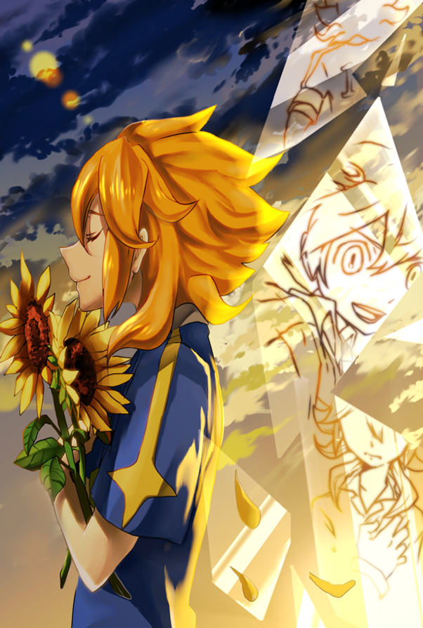 1boy, amemiya_taiyou, arakumo_gakuen, closed_eyes, clouds, flower, inazuma_eleven_(series), inazuma_eleven_go