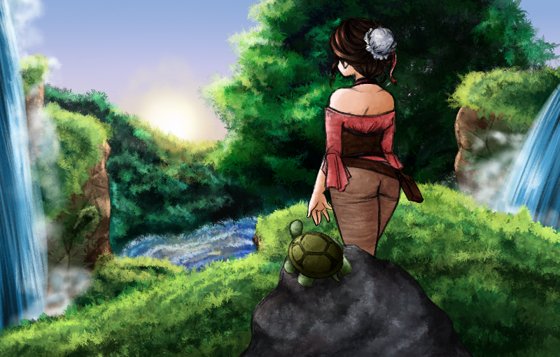 1girl, blue_sky, brown_hair, from_behind, grass, landscape, leggings, mist, off-shoulder_shirt, original, pocketsun, river, rock, sky, solo, sun, tree, turtle, water, waterfall