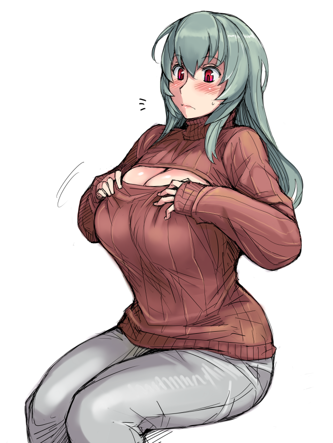 1girl, blush, breasts, cleavage, cleavage_cutout, denim, jeans, large_breasts