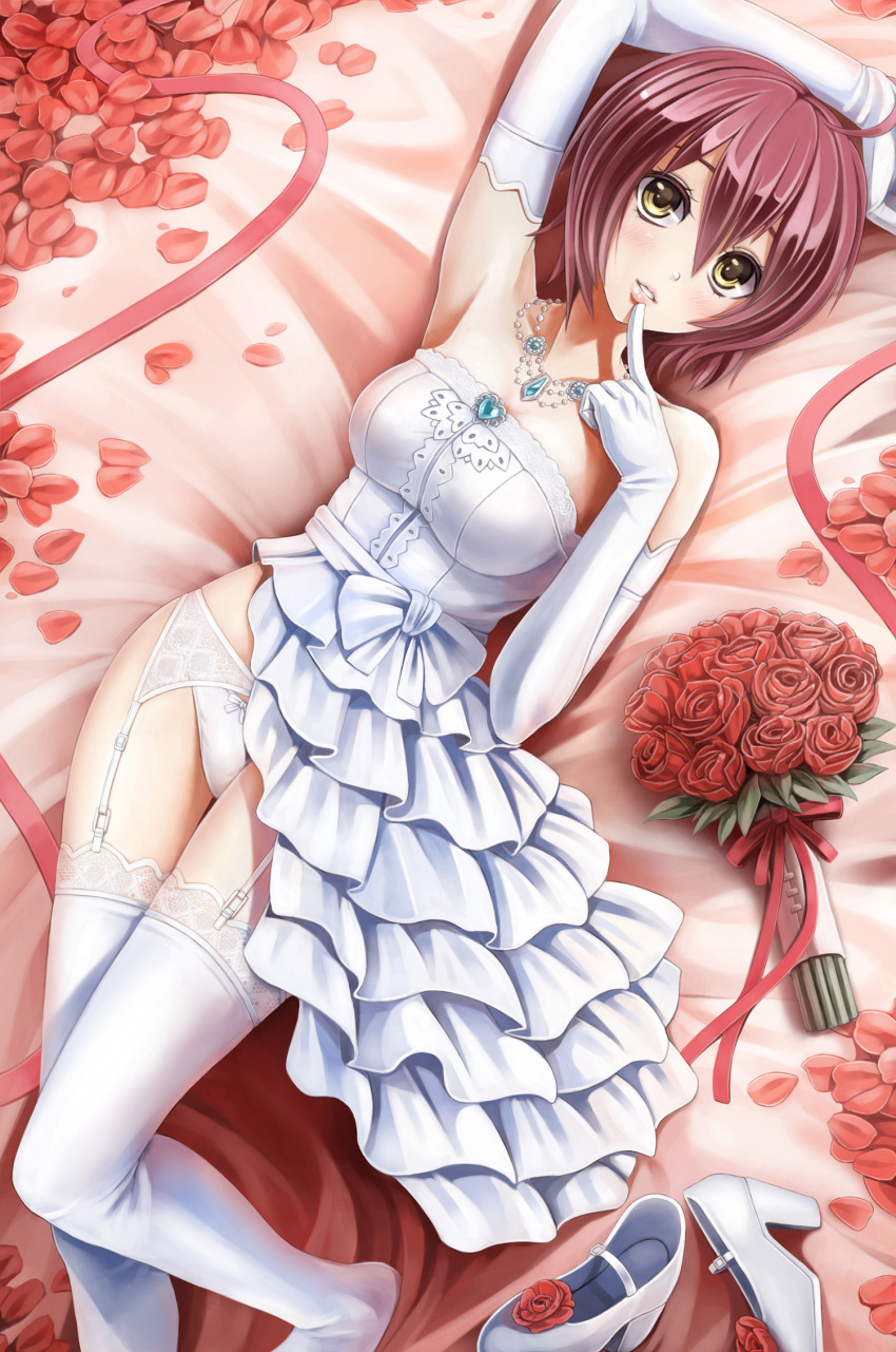 1girl, ahoge, arm_up, bare_shoulders, bouquet, bow, bow_panties, breasts, dress, elbow_gloves, flower, g-senjou_no_maou, garter_belt, garter_straps, gloves, highres, jewelry, lace, lace-trimmed_thighhighs, large_breasts, lips, looking_at_viewer, miwa_tsubaki, necklace, panties, petals, redhead, ribbon, rose, shoes_removed, short_hair, solo, sunimu, thigh-highs, underwear, wedding_dress, white_gloves, white_legwear, white_panties, yellow_eyes