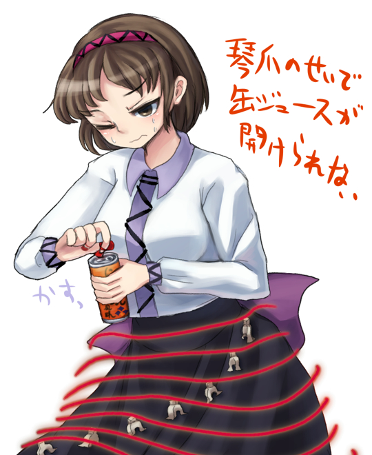 1girl, brown_eyes, brown_hair, can, hairband, one_eye_closed, plectrum, short_hair
