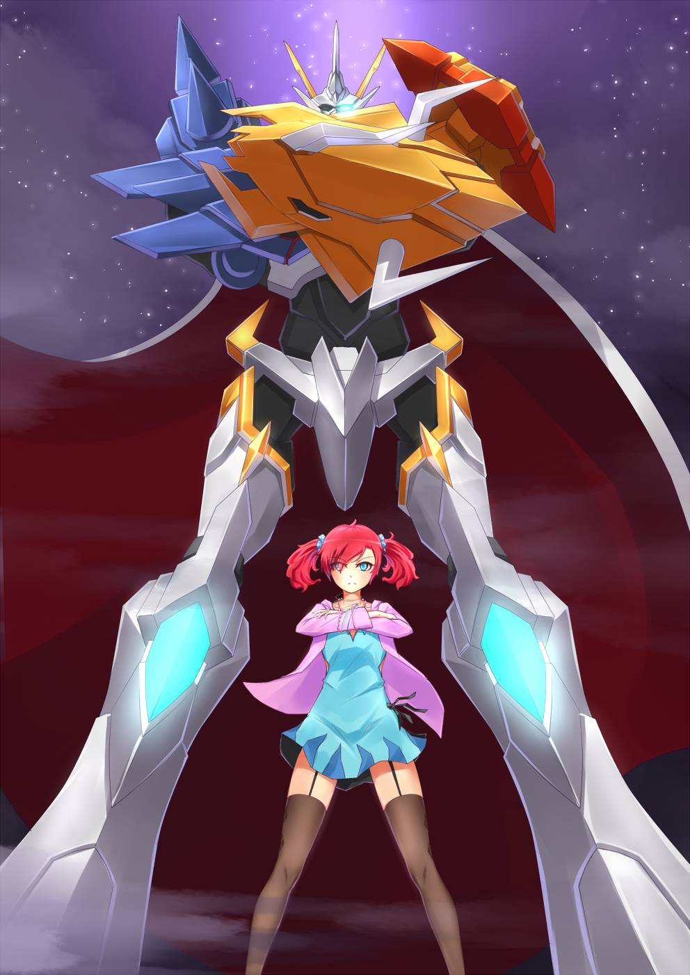 1girl, blue_eyes, cape, crossed_arms, digimon, digimon_story:_cyber_sleuth, dress, female