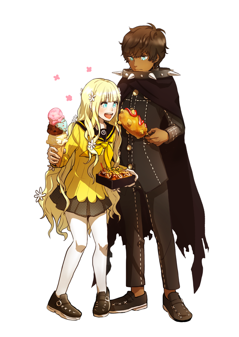 1boy, 1girl, :d, blonde_hair, blue_eyes, blush, brown_hair, collar, corndog, dark_skin, food, gaman, ice_cream, ice_cream_cone, long_hair, open_mouth, persona, persona_q, rei_(persona_q), school_uniform, serafuku, skirt, smile, spiked_collar, spikes, takoyaki, very_long_hair, zen_(persona_q)
