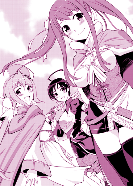 ahoge, armor, blush, breasts, cape, cleavage, dutch_angle, eris_ritual