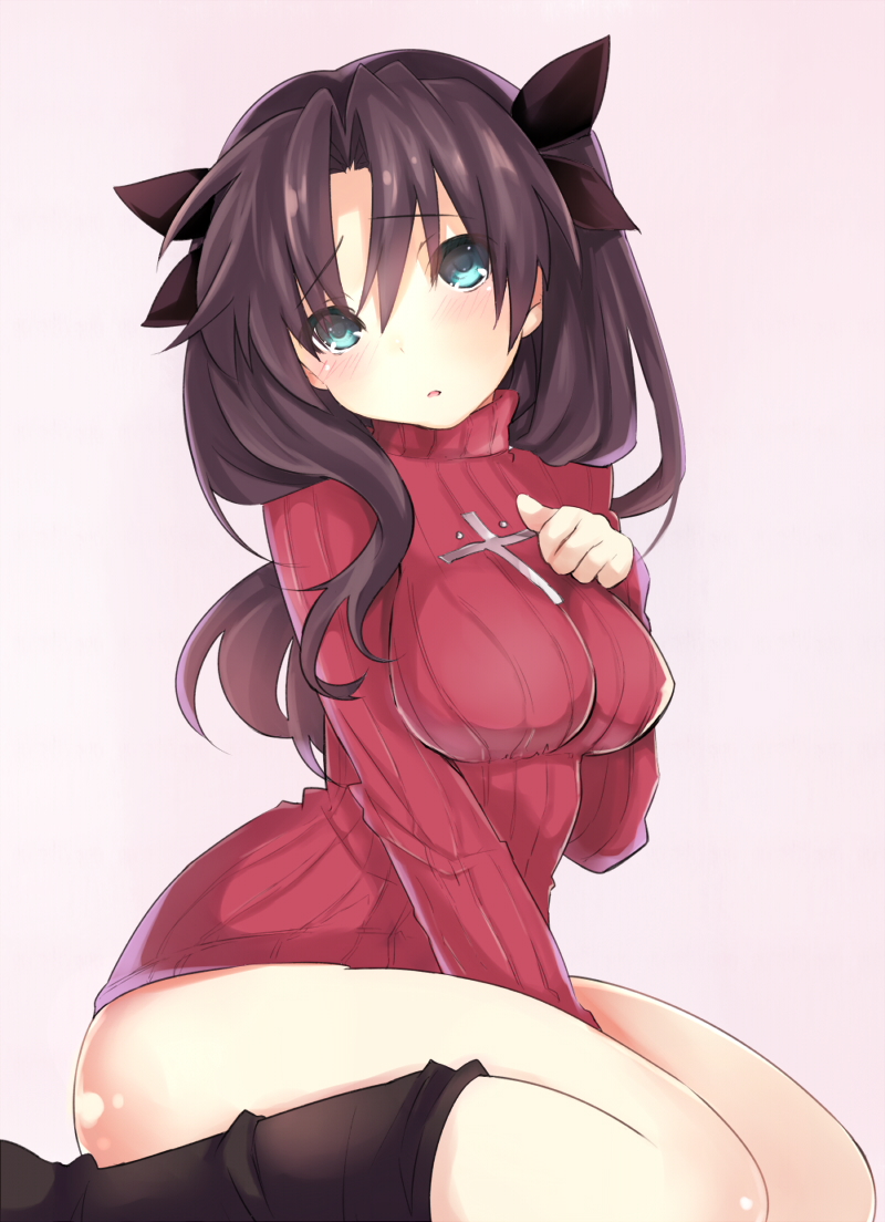 1girl, between_legs, black_legwear, blush, breasts, brown_hair, fate/stay_night, fate_(series)