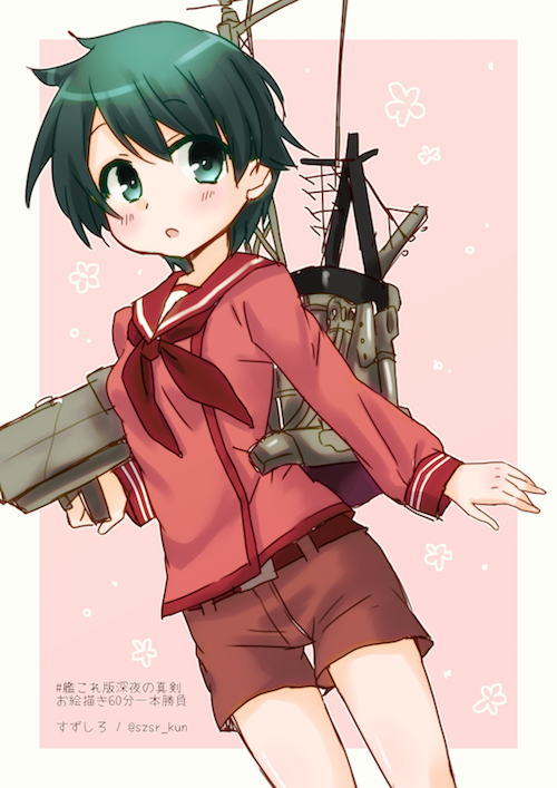1girl, :o, blush, cowboy_shot, green_eyes, green_hair, kantai_collection, long_sleeves, mogami_(kantai_collection), neckerchief, pink_background, sailor_collar, short_hair, shorts, suzushirokei, uniform, very_short_hair
