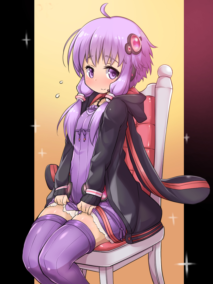 1girl, ahoge, blush, chair, flying_sweatdrops, hair_ornament, highres, hobby_(kento)