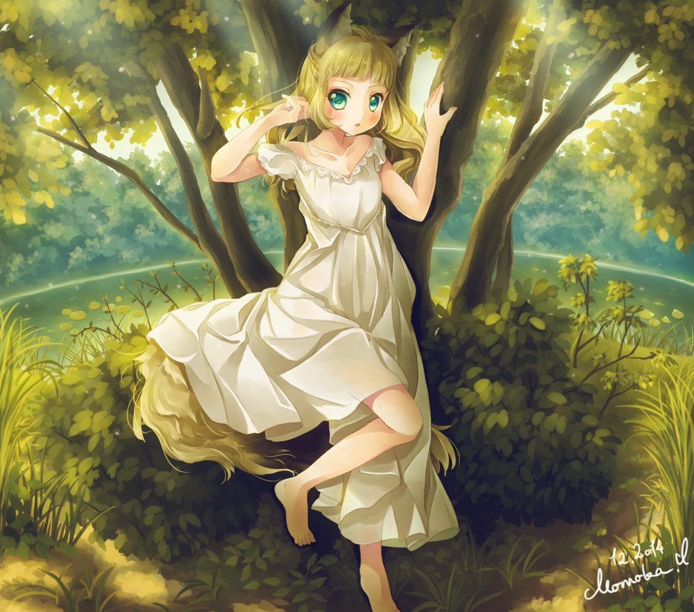 1girl, animal_ears, bare_shoulders, barefoot, blonde_hair, blush, bush, dress